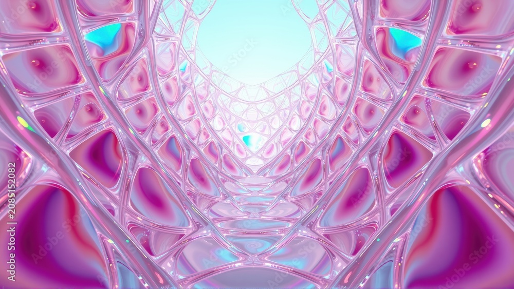 Fototapeta premium Abstract fractal geometry. Pink, cyan hues create tunnel illusion. Complex network, glowing center, digital art.