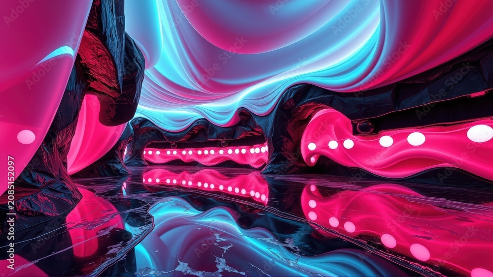 Fototapeta premium Abstract cavern glows. Pink, blue light reflects on wet surfaces creating surreal, futuristic landscape. Dramatic shadows enhance depth.