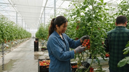 Agricultural workers harvesting ripe red tomatoes in large commercial greenhouse, organic farming and food production concept