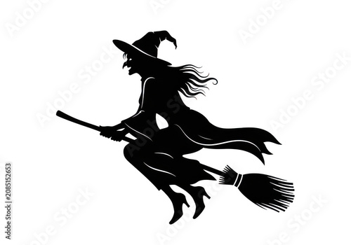 Black silhouette of flying witch isolated on transparent background png