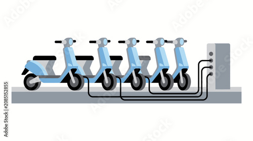 Foto Electric scooters line up at a modern charging station to replenish their batteries for urban commuters