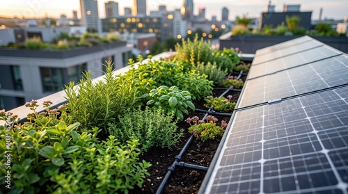 Urban rooftop garden with lush green herbs and vegetables next to solar panels, city skyline background, sustainable architecture, eco-friendly building design