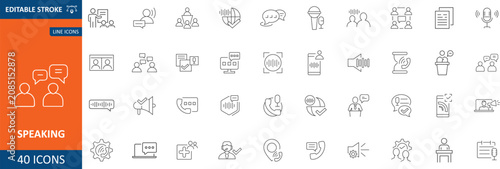 Speaking icons set. Presentation, debate, talking, conversation, consultation, conference, voice, speech bubble and public speaking. Thin line editable stroke vector. Outline illustration.