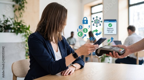 Woman Making Contactless Payment Using Smartphone and POS Terminal with Digital Icons Showing Secure Transaction, Currency Exchange and Blockchain Technology