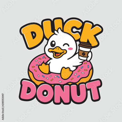 Cute Duck Mascot Vector Logo Design with Donut and Coffee Cup Typography