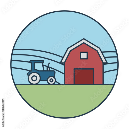 Minimalist monoline icon of a farm with a barn and tractor on rolling hills inside a circle on white background Peaceful agriculture concept