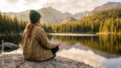 Woman meditating in lotus position on rock by calm lake with mountain forest background for mindfulness relaxation and mental health wellness