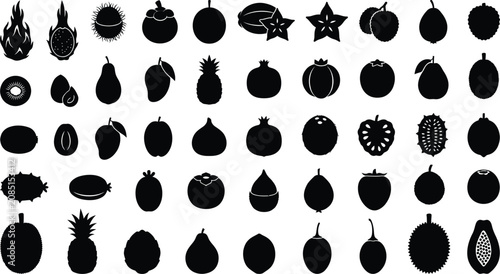 Bild auf Leinwand Collection of black fruit silhouettes on white background, diverse tropical vari