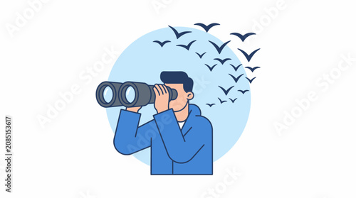 Fotografie Observer scans the horizon with binoculars to track the migration of a flock of birds
