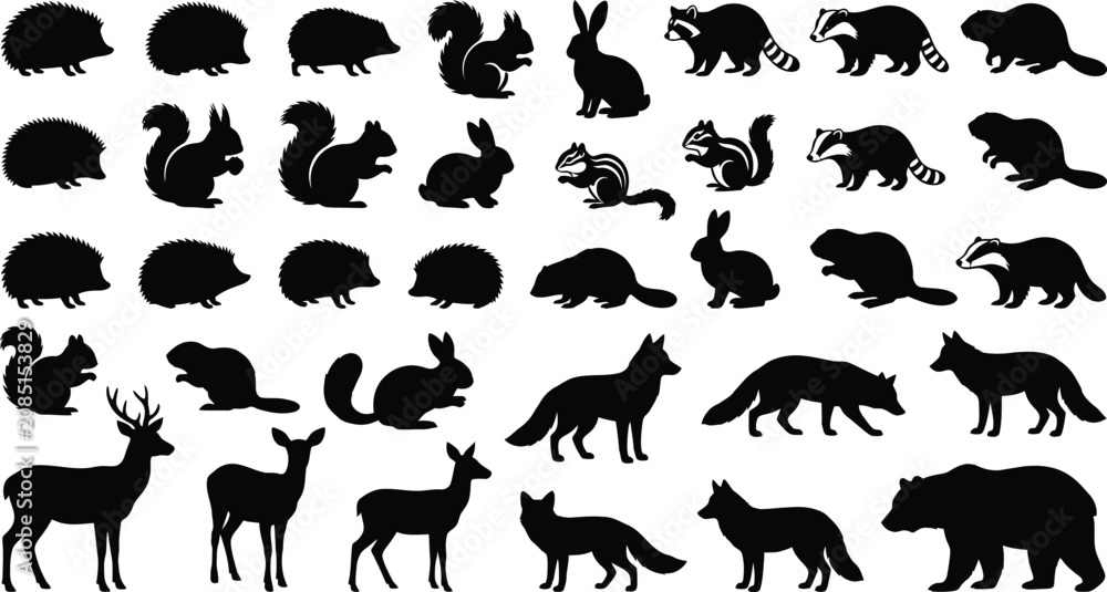 Fototapeta premium Collection of black silhouette of various wild animals on white background, hedgehog squirrel rabbit