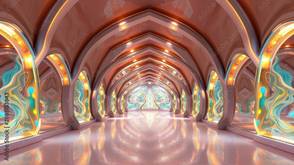 Fototapeta premium Futuristic corridor. Warm lighting illuminates curved walls, creating symmetrical perspective. Reflective floor enhances depth, inviting exploration.