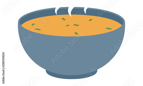 Minimalist ceramic bowl filled with warm vegetable soup with sliced carrots and herbs featuring rising steam on a solid white background culinary food concept