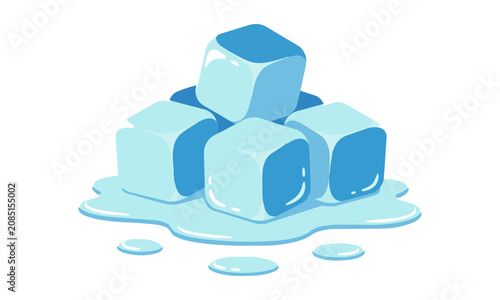 Stylized ice cubes with melting water puddles in a minimal flat geometric design isolated on a white background refreshment concept