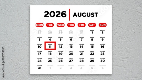 Red cursor highlighting August 11th on a 2026 wall calendar page