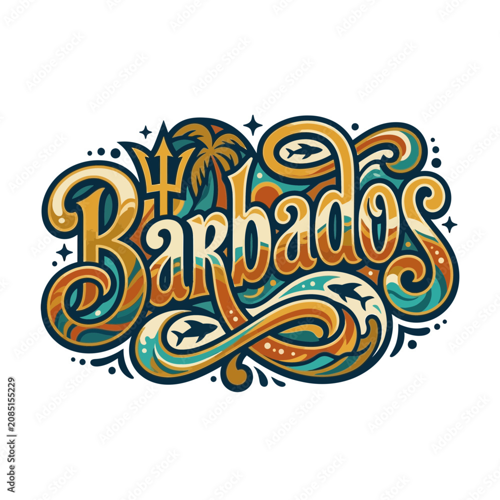 Fototapeta premium Colorful tropical island hand lettering illustration with ocean waves