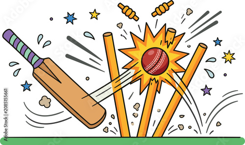 Konstfotografi Cricket Ball Hitting Stumps and Wickets with Flying Bails and Bat Cartoon Illust