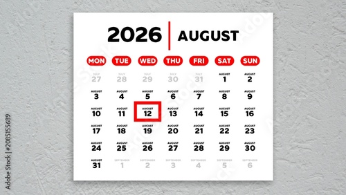 Red cursor highlighting August 12th on a 2026 wall calendar page