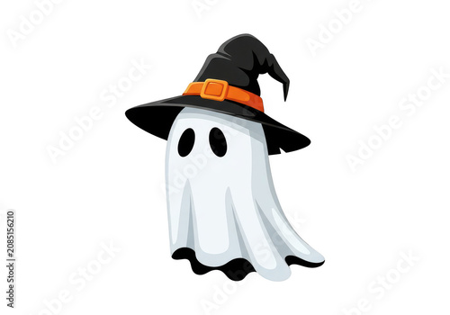 Cute cartoon ghost wearing witch hat isolated on transparent background png