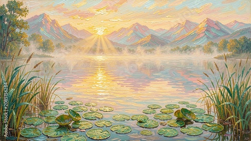 A painting of a sunset over a lake with lily pads