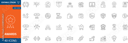 Awards Line Icon Set. Containing trophy, winner, medal, prize, success, best, reward, champion, star, certificate, badge and more. Editable Stroke. Vector Illustration.
