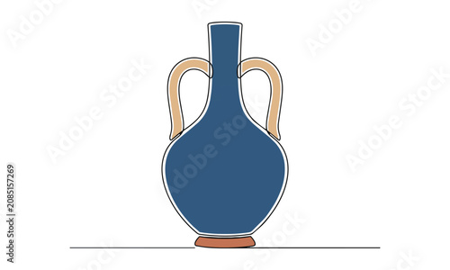 Minimalist one-line drawing of a ceramic vessel with a narrow neck and two handles on a white background, artistic interior design concept