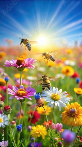 Busy bees collecting nectar from a colorful array of flowers in a sunny meadow