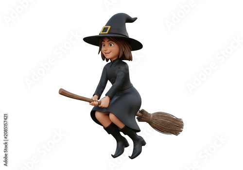 Cute cartoon witch flying on broomstick isolated on transparent background png