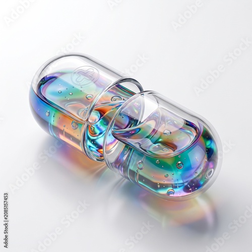 Futuristic Glass Pill Capsule with Iridescent Liquid and Medical Symbol