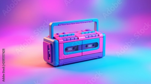 Vibrant 3D Illustration of a Retro Pink and Blue Boombox on Colorful Neon Background