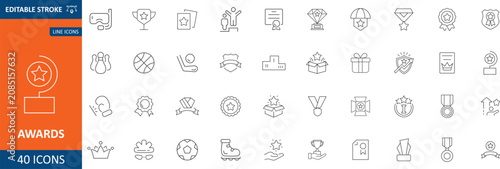 Awards Line Icon Set. Containing trophy, winner, medal, prize, success, best, reward, champion, star, certificate, badge and more. Editable Stroke. Vector Illustration.
