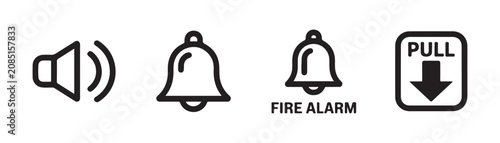Minimalist outline notification icons featuring audio speaker ringing bells and fire alarm pull sign.