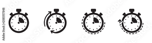 Set of stopwatch icons showing time progression and circular arrows on transparent pattern background.