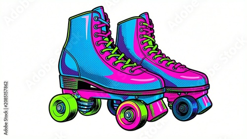 A pair of pink and blue roller skates on a white background