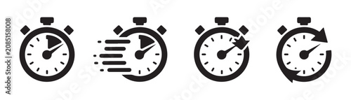 Vector set of stopwatch icons showing speed markers and cyclical arrows for time tracking interface.