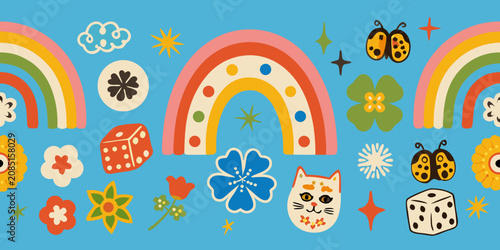 Fotografie Assorted Good Luck Charms Colorful Vector Illustration On Blue Background