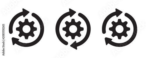 Industrial process optimization icon set with gears and circular arrows for workflow and automation.