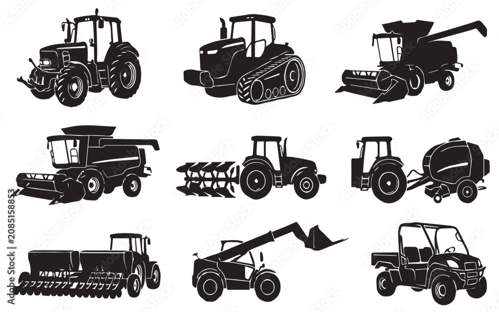 Obraz premium Modern farm vehicles and agricultural machinery icons set on white background