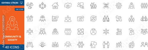 A collection of Community & Society icon set. Containing network, organization, culture, social, beloging, equity, support, philantrophy, sociability, trust. Editable stroke. Vector illustration.