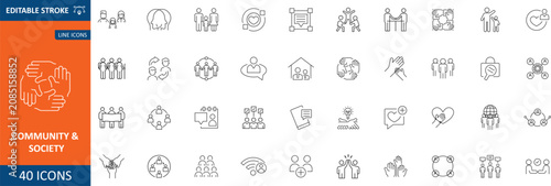 A collection of Community & Society icon set. Containing network, organization, culture, social, beloging, equity, support, philantrophy, sociability, trust. Editable stroke. Vector illustration.