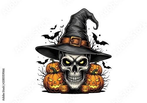 Spooky skull with witch hat and pumpkins isolated on transparent background png