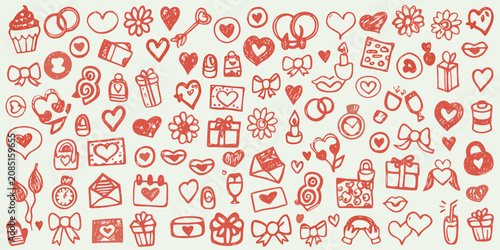 Konstfotografi Love themed doodles and floral ornaments red sketch style pattern