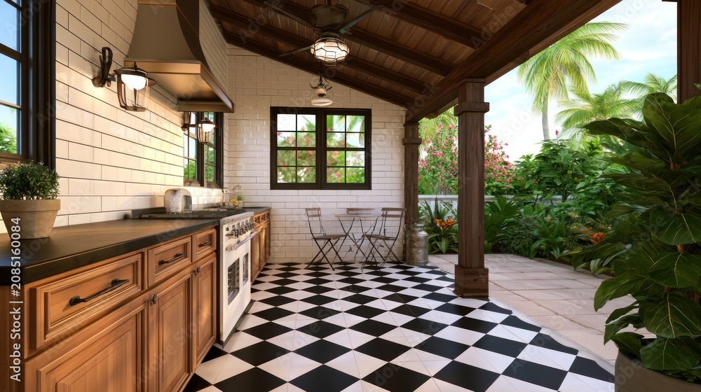 Fototapeta premium Outdoor kitchen with black-and-white tiles, wooden cabinets, and a lush tropical backdrop