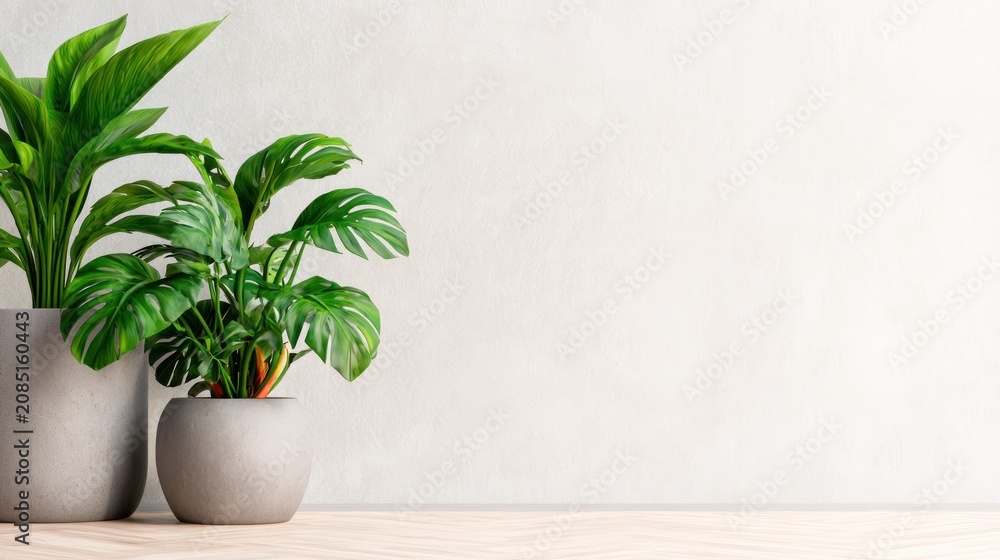 Fototapeta premium Two lush green potted plants in minimalist grey pots against a plain white wall background