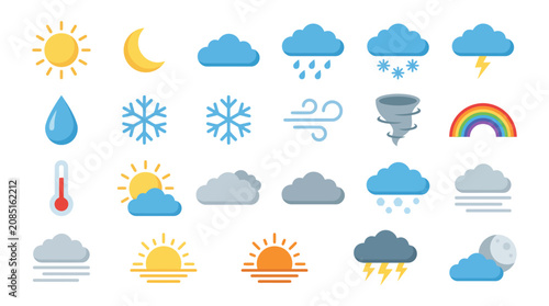 Fotografie Weather icons depicting various meteorological conditions and atmospheric phenomena are presented in a colorful set for forecasting apps and environmental report graphics