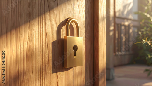 Golden padlock on wooden door security.