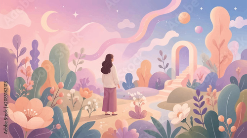 Foto Dreamy Woman Gazing at Surreal Landscape with Archway Portal and Pastel Sky, Whi