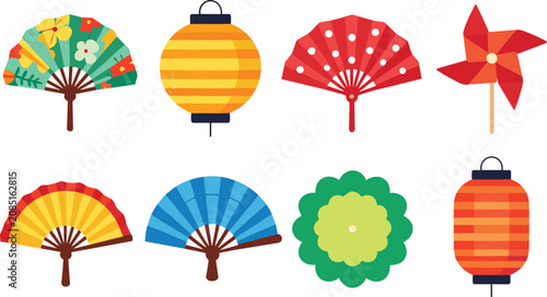 Flat vector illustration set of traditional Asian folding fans and paper lanterns isolated on white background