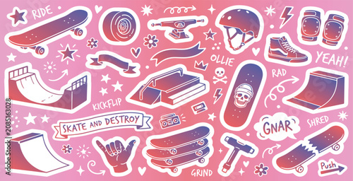 Tableau sur toile Collection of colorful skateboard elements and accessories in a fun, doodle-style illustration with a pink and purple gradient