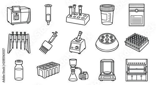 Fényképezés Laboratory equipment icon set, 15 scientific research line art vectors, medical