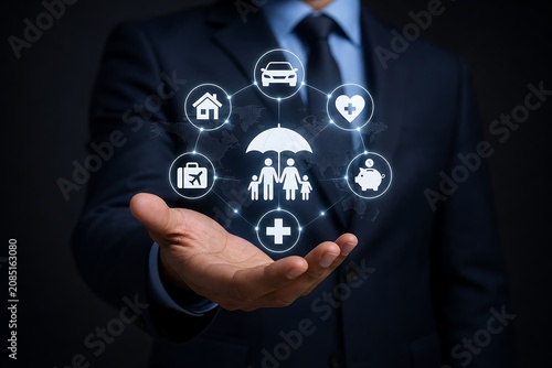 Businessman holding holographic icons of insurance, family, car, and health protection